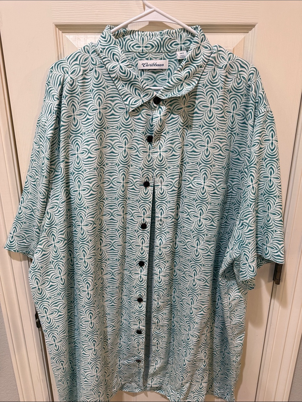 Caribbean Teal and White Short Sleeve Button-Down Shirt